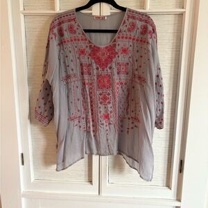 Johnny Was Gray and Red Embroidered Silk Women's Top
